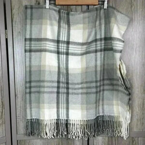 Pottery Barn Blanket Throw Fringe Plaid Square 50" x 50" Grey Cream